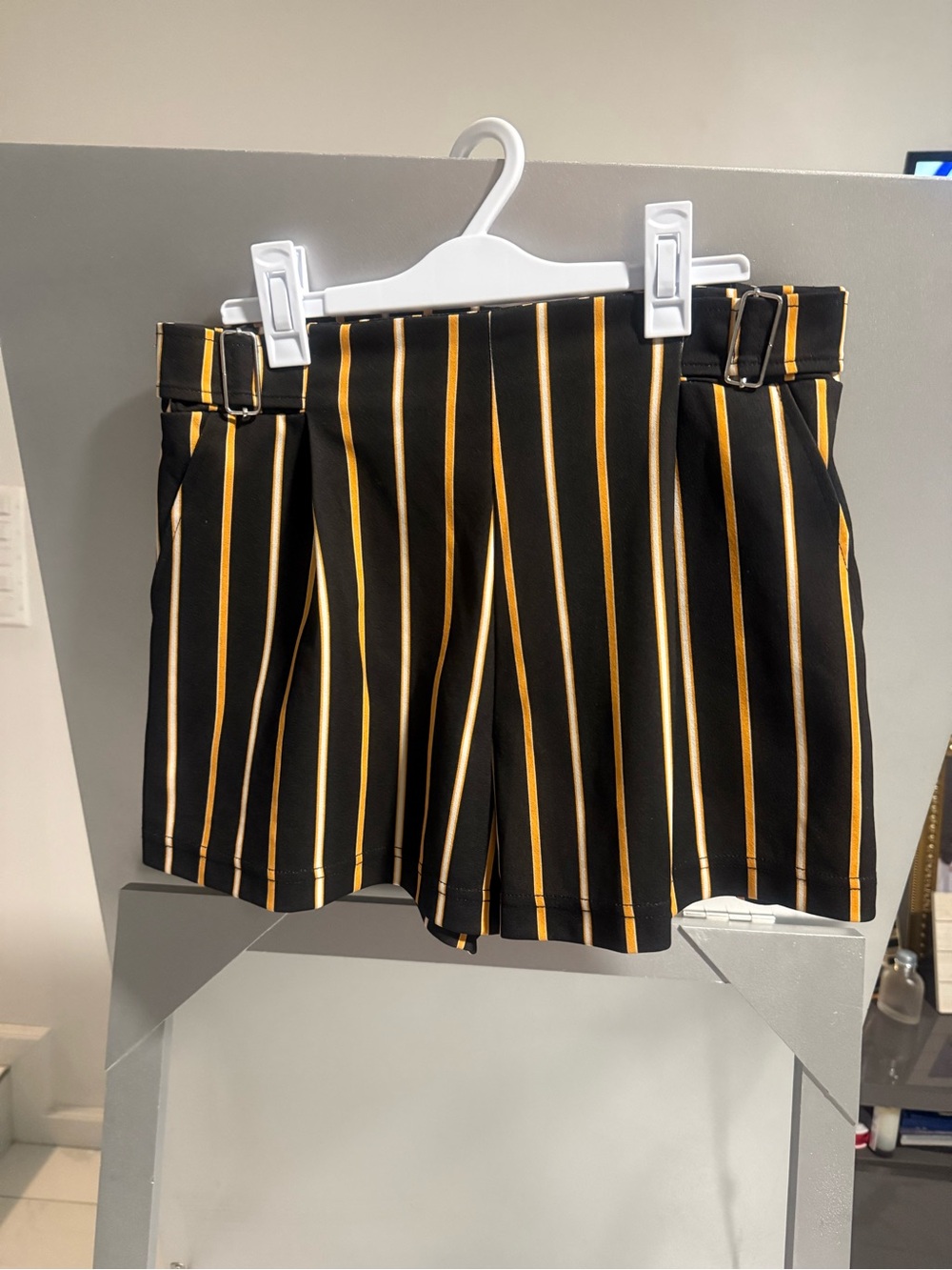 Ci Sono Black Shorts with Yellow and Cream Vertical Stripes